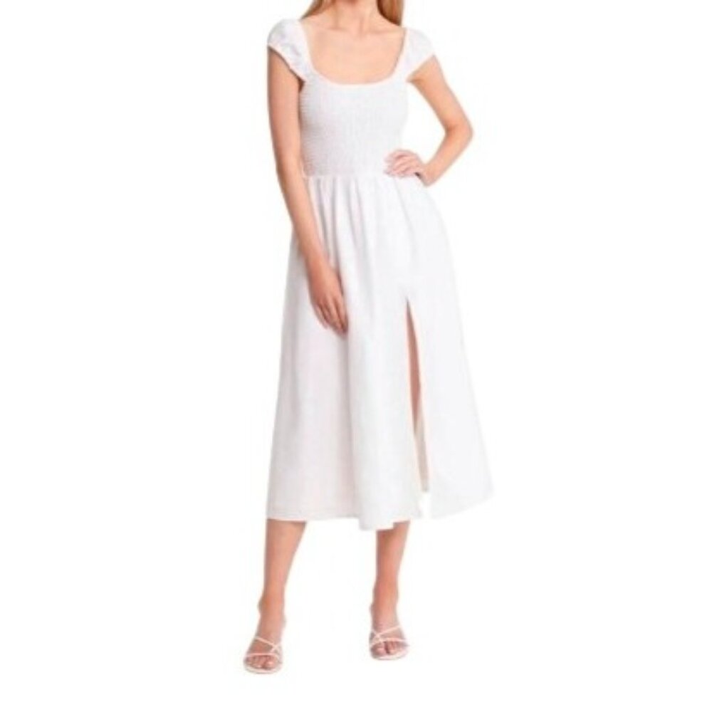 Reformation Women's Medium 100% Linen Dress White Shirred Bodice Ruffled Straps